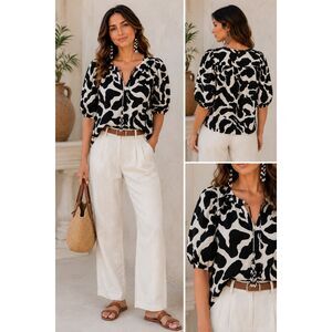 Rachel Zoe Abstract Puff Sleeve Linen Blend Blouse size M travel vacation monoch